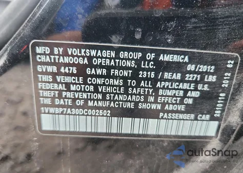 2013 Volkswagen Passat Se z USA, uszkodzony, nr VIN 1VWBP7A30DC002502